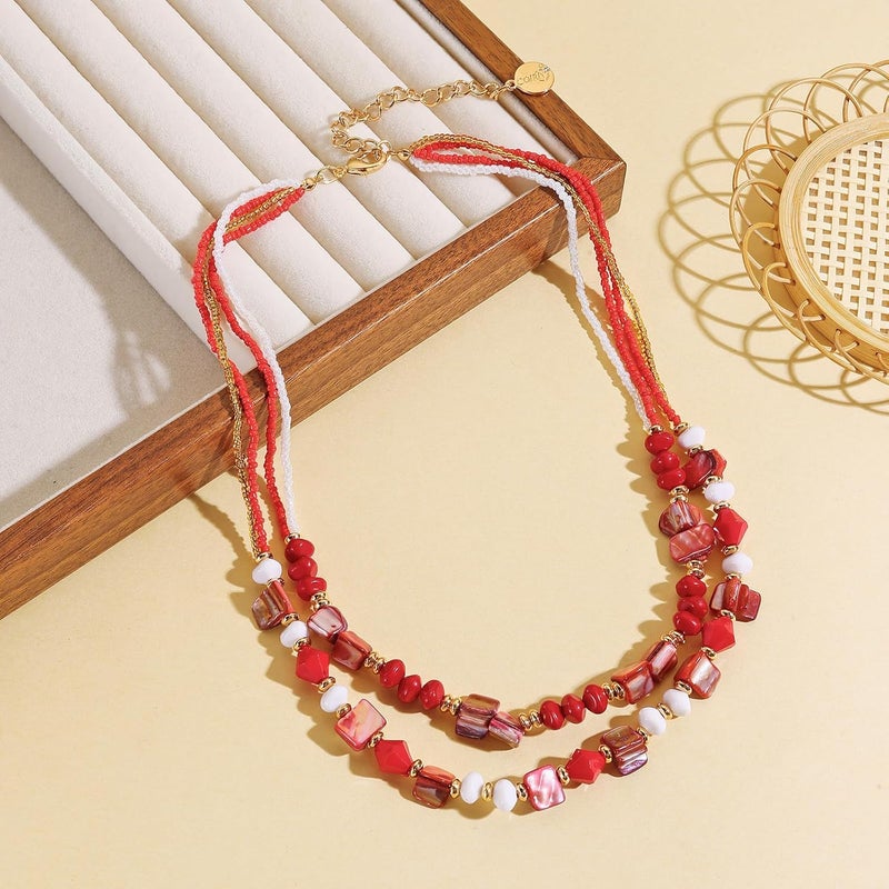 Coiris Layered Shell Beaded Necklaces for Women Handmade Boho Colored Bead Choker Necklace Holiday Style Costume Jewelry for Women - Image 4